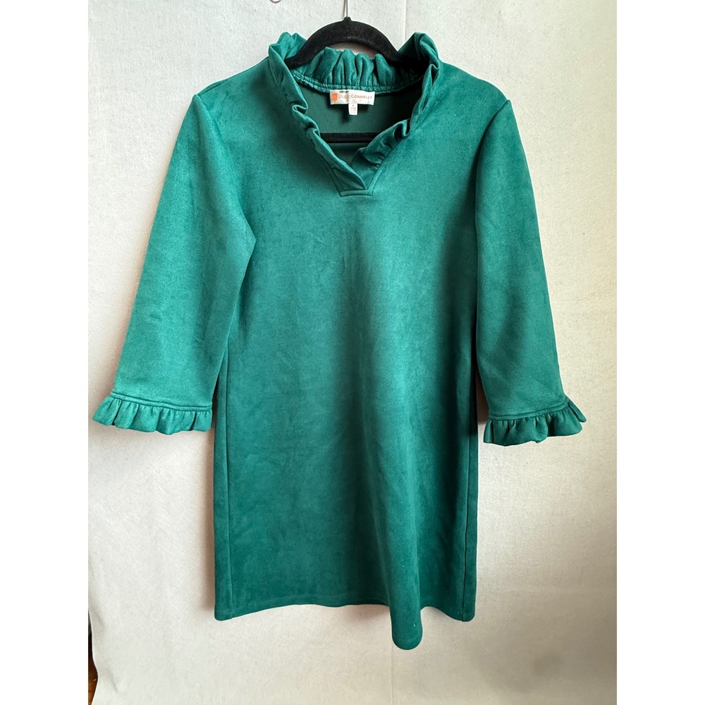 Jude Connally Green Faux Suede Ruffle Collar Shift Dress 3/4 Sleeve Small